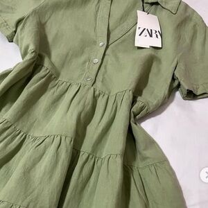 Zara Olive Green Tiered Short-Sleeve Dress
